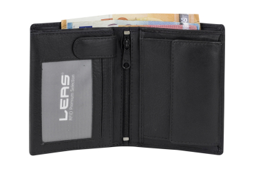Biker Geldbörse Herren mit RFID Schutz und Kette kompakt LEAS, Herren Geldbeutel flach RFID Folie in Echt-Leder, Portmonee im Hochformat, schwarz
